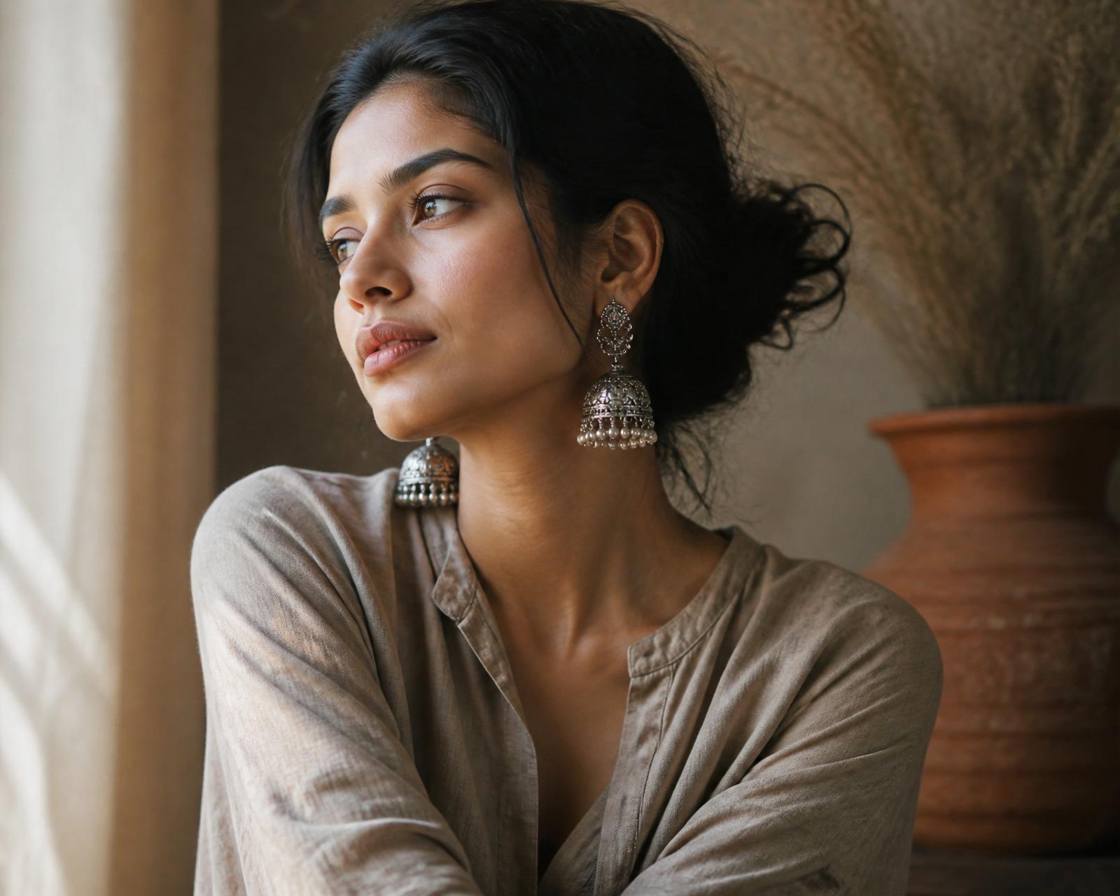Woman wearing handmade oxidized silver jhumka earrings by Chhondo